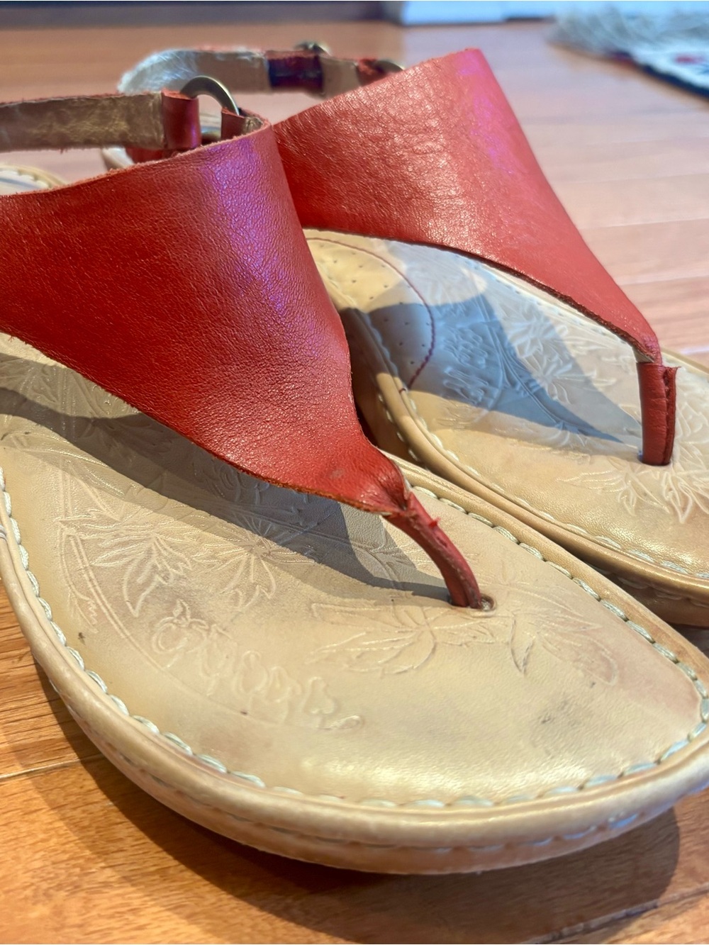 Born Red Leather Thong Sandals with Tan Footbed